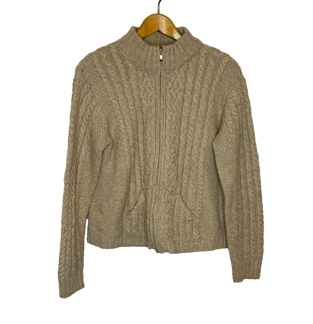 Women's Large Inis Crafts Ireland 100% Wool Beige Cable Knit Zip Sweater